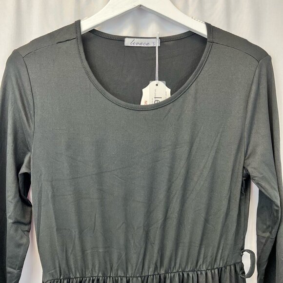 Levaca Womens Dress Black Midi Belted Long Sleeve Diagonal Ruffle Artsy S New - Picture 4 of 12